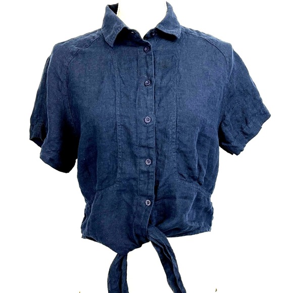 Linen Indigo Short Sleeve Blouse Cropped Length Tie Front Womens Small - Picture 1 of 9